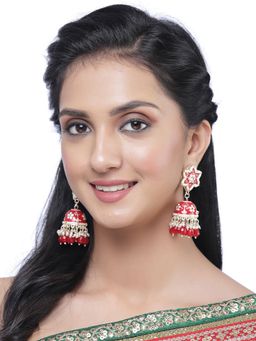 ZENEME - Gold-Plated Red Enamelled & Pearls Floral Drop Earrings for Women