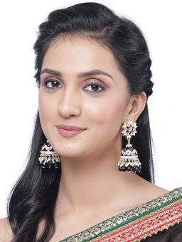 ZENEME - Gold-Plated Black Enamelled & Black Pearls Flower Drop Earrings for Women