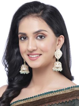 ZENEME - Gold-Plated Kundan & Green Pearls Vilandi Jhumki Earrings for Women & Girls