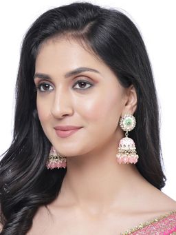 ZENEME - Gold-Plated Kundan & Pink Pearls Vilandi Jhumki Earrings for Women & Girls