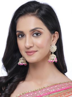 ZENEME - Gold-Plated Kundan & Pink Pearls Vilandi Jhumki Earrings for Women & Girls