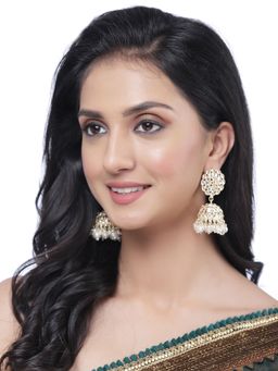 ZENEME - Gold-Plated Kundan & White Pearls Vilandi Jhumki Earrings for Women & Girls