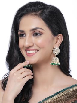 ZENEME - Gold-Plated Kundan & Green Pearls Vilandi Jhumki Earrings for Women & Girls