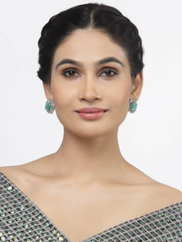 ZENEME - Rhodium Plated Silver-Toned Sea Green American Diamond Contemporary Studs for Women