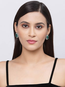 ZENEME - Rhodium Plated Silver-Toned Green American Diamond Contemporary Studs for Women
