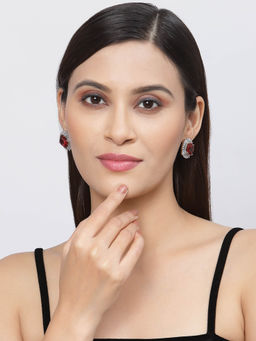 ZENEME - Rhodium Plated Silver-Toned Red American Diamond Contemporary Studs for Women