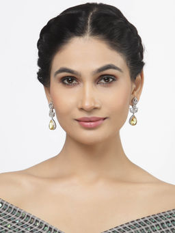 ZENEME - Rhodium-Plated Yellow American Diamond Studded Teardrop Shaped Drop Earrings