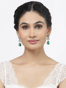 ZENEME - Rhodium-Plated Green American Diamond Studded Teardrop Shaped Drop Earrings