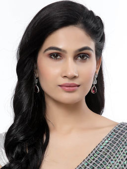 ZENEME - Rhodium-Plated Red American Diamond Studded Teardrop Shaped Drop Earrings