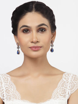 ZENEME - Rose Gold Plated Gunmetal Blue American Diamond Studded Teardrop Shaped Drop Earrings