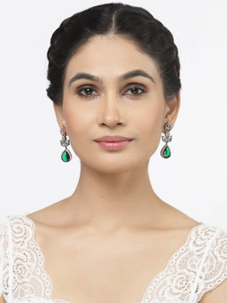 ZENEME - Rose Gold Plated Gunmetal Green American Diamond Studded Teardrop Drop Earrings