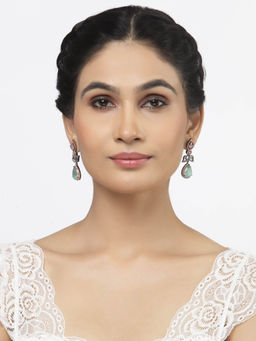 ZENEME - Rose Gold Plated Gunmetal Lime Green American Diamond Studded Teardrop Drop Earrings