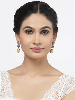 ZENEME - Rose Gold Plated Gunmetal Yellow American Diamond Studded Teardrop Drop Earrings