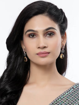 ZENEME - Rose Gold Plated Gunmetal Yellow American Diamond Studded Teardrop Drop Earrings