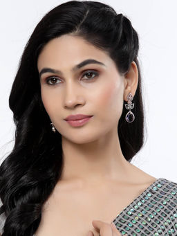 ZENEME - Rose Gold Plated Gunmetal Blue American Diamond Studded Teardrop Drop Earrings