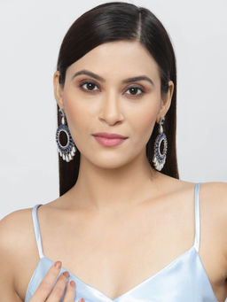 ZENEME - Rhodium Plated Silver Toned Royal Blue American Diamond Dangle Earrings for Women