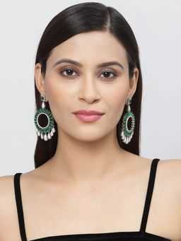 ZENEME - Rhodium Plated Silver Toned Green American Diamond Dangle Earrings for Women