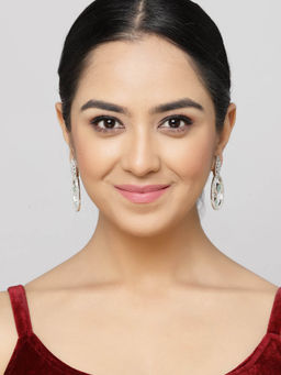 ZENEME - Rhodium-Plated Green American Diamond Studded Oval Shaped Drop Earrings for Women