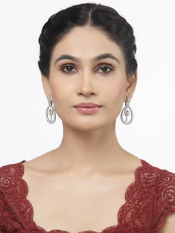 ZENEME - Rhodium-Plated Pink American Diamond Studded Oval Shaped Drop Earrings for Women