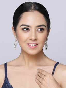 ZENEME - Rhodium-Plated Green American Diamond Studded Oval Shaped Drop Earrings for Women