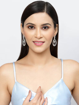 ZENEME - Rhodium-Plated Grey American Diamond Studded Oval Shaped Drop Earrings for Women