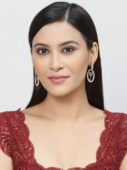 ZENEME - Rose Gold Gunmetal Red American Diamond Studded Oval Shaped Drop Earrings for Women