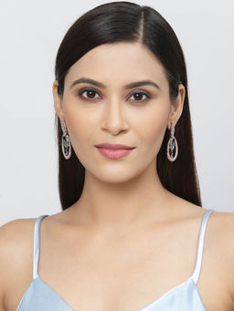 ZENEME - Rose Gold Gunmetal Green American Diamond Studded Oval Shaped Drop Earrings for Women