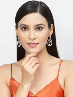 ZENEME - Rose Gold Gunmetal Pink American Diamond Studded Oval Shaped Drop Earrings for Women