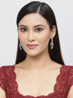 ZENEME - Rhodium Plated Silver Toned Red American Diamond Quirky Studs Earrings for Women