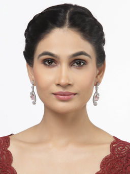 ZENEME - Rhodium Plated Silver Toned Pink American Diamond Quirky Studs Earrings for Women