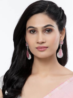 ZENEME - Rhodium-Plated Pink American Diamond Teardrop Danglers Earrings for Women