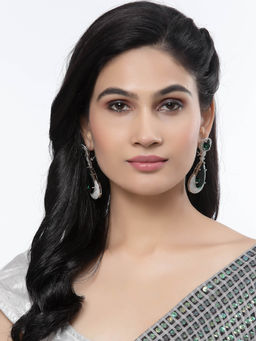 ZENEME - Rhodium-Plated Green American Diamond Teardrop Danglers Earrings for Women