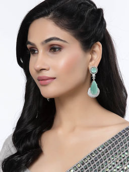 ZENEME - Rhodium-Plated Sea Green American Diamond Teardrop Danglers Earrings for Women