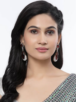 ZENEME - Rhodium-Plated Red American Diamond Teardrop Danglers Earrings for Women