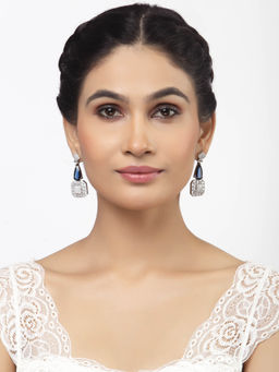 ZENEME - Rhodium-Plated Silver Toned Blue American Diamond Square Drop Earrings for Women