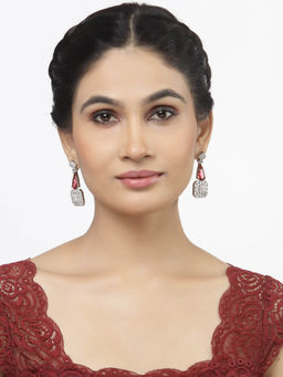 ZENEME - Rhodium-Plated Silver Toned Red American Diamond Square Drop Earrings for Women