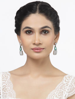 ZENEME - Rhodium-Plated Silver Toned Green American Diamond Square Drop Earrings for Women