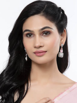 ZENEME - Rhodium-Plated Silver Toned Pink American Diamond Square Drop Earrings for Women