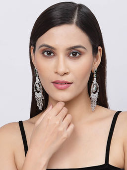 ZENEME - Rhodium-Plated Silver Toned Green American Diamond Chandelier Earrings for Women