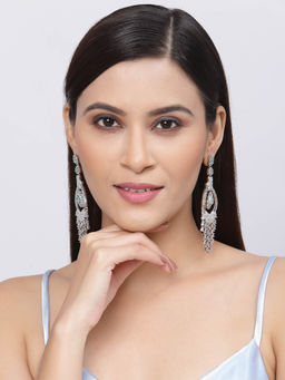 ZENEME - Rhodium-Plated Silver Toned Sea Green American Diamond Chandelier Earrings for Women