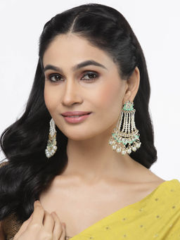 ZENEME - Gold-Plated White Pearls & Green Enamelled Floral Drop Earrings for Women