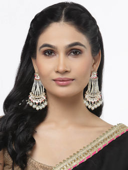 ZENEME - Gold-Plated White Pearls & Red Enamelled Floral Drop Earrings for Women