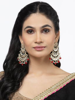 ZENEME - Gold Plated Red Kundan with Beaded Pearl Chandbalis Earrings for Women