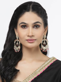 ZENEME - Gold-Plated Red Pearls & Kundan Studded Floral Shaped Chandelier Earrings for Women