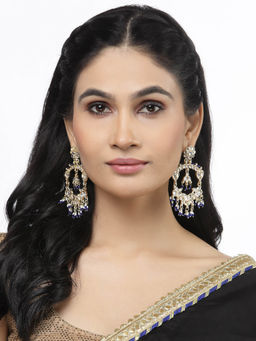 ZENEME - Gold-Plated Blue Pearls & Kundan Studded Floral Shaped Chandelier Earrings for Women