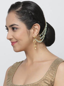 ZENEME - Gold Plated Alloy Green Pearl Earrings with Ear Chain for Women