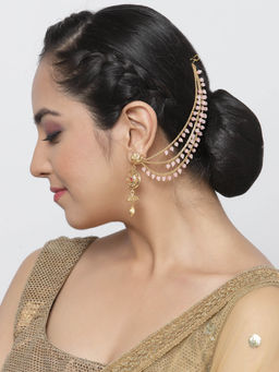 ZENEME - Gold Plated Alloy Pink Pearl Earrings with Ear Chain for Women