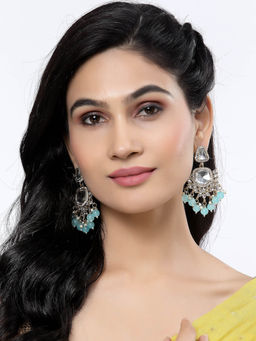 ZENEME - Gold-Plated Mirror Studded Kundan Classic Drop Blue Pearl Earrings for Women & Girls