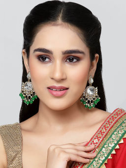 ZENEME - Gold-Plated Mirror Studded Kundan Classic Drop Green Pearl Earrings for Women & Girls