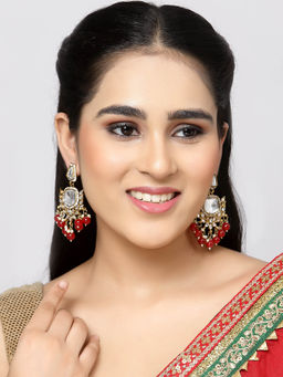 ZENEME - Gold-Plated Mirror Studded Kundan Classic Drop Red Pearl Earrings for Women & Girls